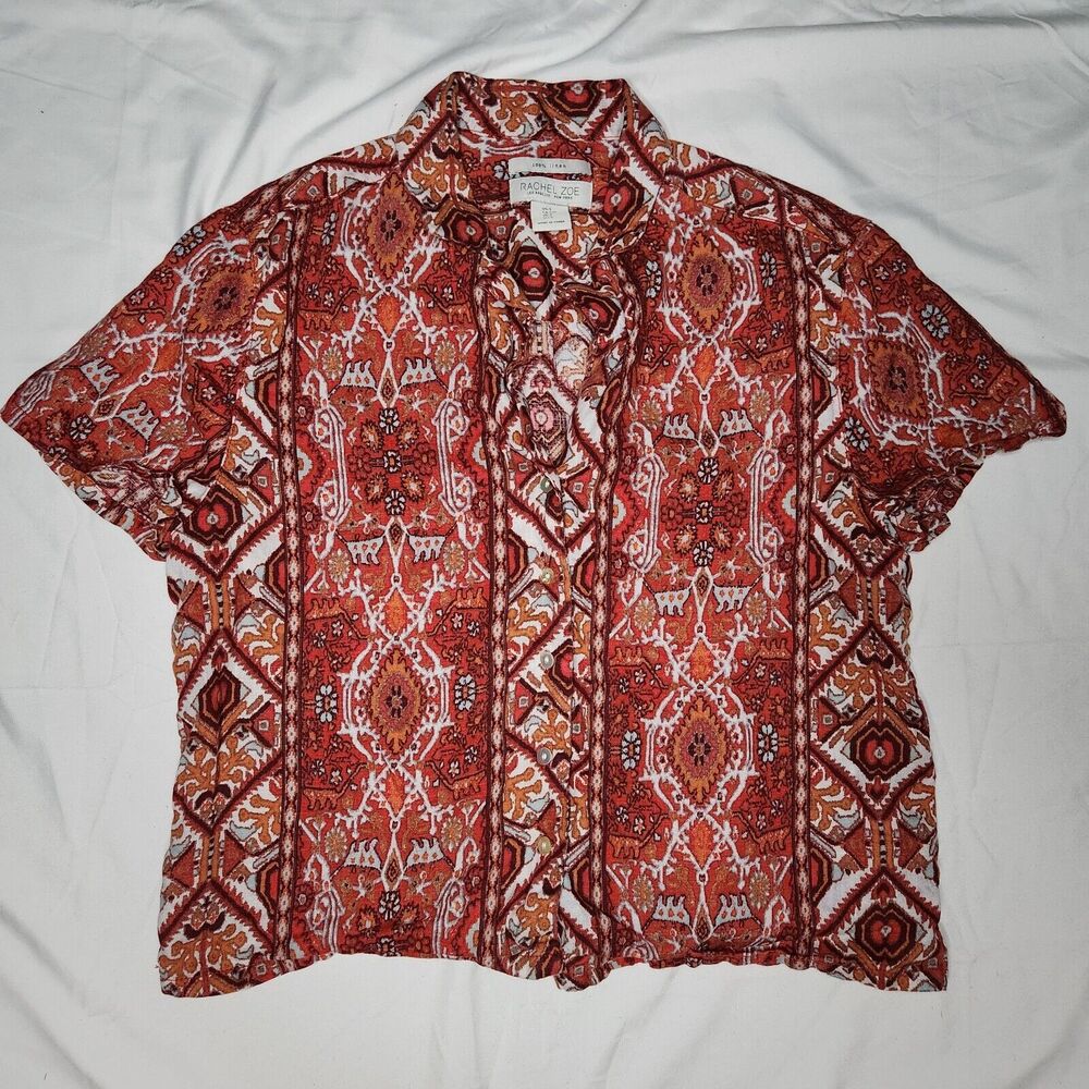 Rachel Zoe Womens Small 100% Linen Crop Button Down Aztec Print Shirt Red